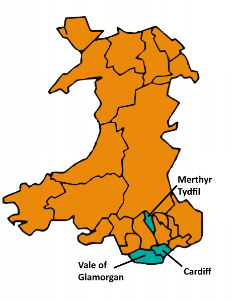 Map of Wales highlighting Cardiff, the Vale of Glamorgan and Merthyr Tydfil
