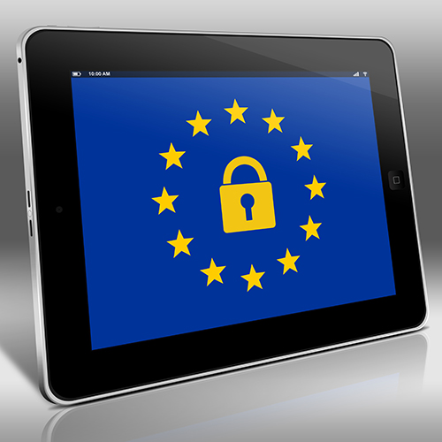 The EU flag on a tablet with a padlock in the centre