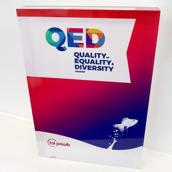 A colourful rectangular trophy with the QED logo