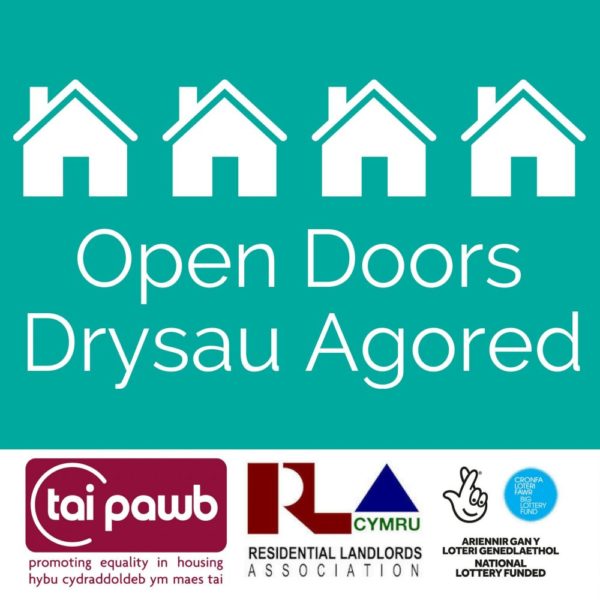 Open Doors logo, featuring logos from Tai Pawb, RLA and Big Lottery Fund