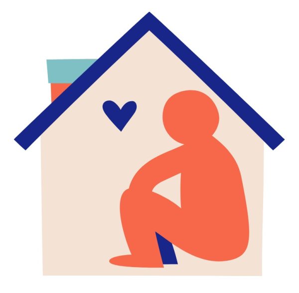 A Cartoon image of a human figure crouched in a house with a heart shape nearby