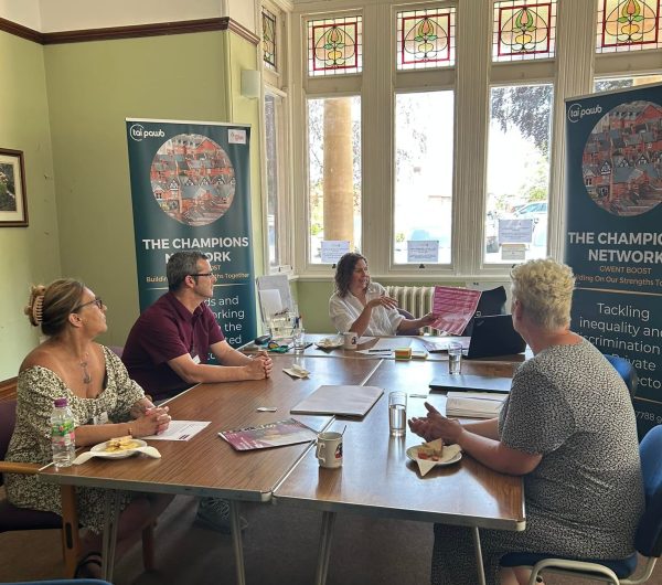 Photo of a Champions network meeting. Anna, the project lead, is showing the group some resources.