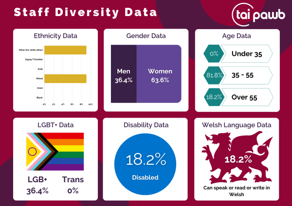 Graphs outlining staff diversity data at Tai Pawb. 9.1% of staff identify as 'white other.' 9.1% of staff identify as mixed. 36.4% of staff are men and 63.6% are women. 81.8% of staff are 35-55 years old. 18.2% are over 55. 36.4% of staff are LGB+, 0% are trans. 18.2% of staff are disabled. 18.2% staff speak, write or read in Welsh.